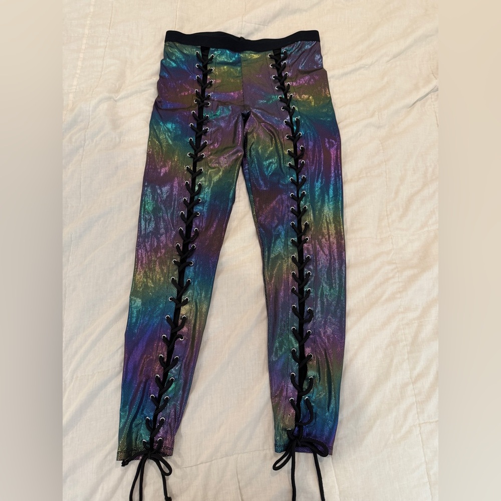 Iridescent Colorful Lace-Up Leggings, XL